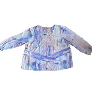 Evri Blouse Womens 3X Tie Front Pastel Top Long Sleeve Tie Dye Purple Pink